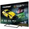 Na zdjęciu widoczny jest telewizor z logo "BLAUPUNKT" oraz "Google TV", a także żółty samochód wyścigowy z napisem "IRON LYNX MOTORSPORT LAB". Na ekranie znajdują się napisy: "4K", "QLED", "MEMC", "Dolby ATMOS", "Series QBG6000S", "55"".