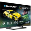 Telewizor BLAUPUNKT 32QBG6000S 32" QLED Google TV z wyświetlonym obrazem samochodu wyścigowego i napisami: "4K", "QLED", "MEMC", "Dolby Audio", "Series QBG6000", "32”". Widoczne logo BLAUPUNKT i Google TV.