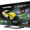 Telewizor z logo BLAUPUNKT i Google TV wyświetla obraz żółtego samochodu wyścigowego z napisem "IRON LYNX MOTORSPORT LAB" oraz twarzą kierowcy w kasku. Na ekranie widoczne są napisy: "FHD", "QLED", "Dolby AUDIO", "QBG6000S Series 32"".