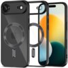 Czarne etui TECH-PROTECT Magflex MagSafe do Apple iPhone 17 Air, z przezroczystym tyłem i widocznym okrągłym wzorem MagSafe. Na etui znajduje się logo w kształcie jabłka.