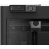 Czarna drukarka 3D z wyświetlaczem pokazującym temperatury 28/25°C, 25/25°C, poziom 100%, czas 0:00:00 oraz komunikat "Ready to print". Obok wyświetlacza znajduje się okrągły panel sterowania z przyciskiem "OK".