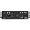 Tył wzmacniacza z różnymi złączami, w tym gniazdami RCA, XLR oraz terminalami głośnikowymi, z widocznymi napisami: "M6si Dual Mono Integrated Amplifier", "Musical Fidelity", "Caution", oraz "This appliance must be earthed".