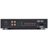 Tył wzmacniacza z widocznymi złączami i oznaczeniami, w tym "M3si INTEGRATED AMPLIFIER" oraz "MUSICAL FIDELITY" po lewej stronie. Na panelu znajdują się różne wejścia i wyjścia audio, a także ostrzeżenie "CAUTION" oraz symbole certyfikacyjne.