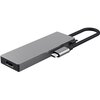 Na zdjęciu znajduje się prostokątny, metaliczny hub z portem HDMI i kablem zakończonym wtykiem USB Typu C. Produkt ma gładką powierzchnię i kompaktowy design.