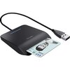 Czarny czytnik kart z napisem "Trust" na górze, podłączony kablem USB, z włożoną kartą z napisem "ESP" i grafiką twarzy.