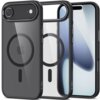 Czarno-przezroczyste etui TECH-PROTECT Magmat MagSafe do Apple iPhone 17 Air, z widocznym okrągłym wzorem na tylnej części, prezentowane jest w trzech ujęciach: z przodu, z tyłu i z boku. Na etui znajduje się logo "TECH-PROTECT".