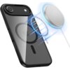 Czarno-przezroczyste etui na telefon z widocznym okrągłym wzorem, obok którego znajduje się okrągły, srebrny dysk z niebieską poświatą. Etui posiada wycięcia na aparat i przyciski boczne.