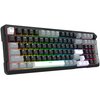 Na zdjęciu znajduje się klawiatura mechaniczna z podświetleniem RGB, z widocznymi klawiszami oznaczonymi literami, cyframi oraz funkcjami, takimi jak "Esc", "Tab", "CapsLk", "Shift", "Ctrl", "Win", "Alt", "Enter", "F1-F12", "Ins", "Del", "Home", "End", "P