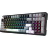 Klawiatura mechaniczna z podświetleniem RGB, posiadająca pełny układ klawiszy, w tym sekcję numeryczną. Klawisze są w różnych odcieniach szarości, a na obudowie widoczne są oznaczenia takie jak "Esc", "F1-F12", "Del", "Ins", "PgUp", "PgDn", "Num", "Home",