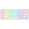 Biała klawiatura mechaniczna z podświetleniem RGB, posiadająca 61 klawiszy, w tym klawisze funkcyjne oznaczone na czerwono, takie jak "Esc", "Tab", "CapsLk", "Shift", "Ctrl", "Win", "Alt", "Fn". Klawisze numeryczne mają dodatkowe oznaczenia dla funkcji Bl