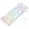 Biała klawiatura mechaniczna z podświetleniem RGB, z widocznymi klawiszami oznaczonymi m.in. jako "Esc", "Tab", "Shift", "Ctrl", "Alt", "Win", oraz "Fn". Obok klawiatury znajduje się mały, biały adapter USB.