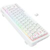 Biała klawiatura mechaniczna z podświetleniem RGB, z widocznymi klawiszami oznaczonymi literami i symbolami, oraz logo "REDRAGON" na boku. Obok klawiatury znajduje się mały adapter USB.