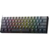 Klawiatura mechaniczna z podświetleniem RGB, posiadająca szare klawisze z kolorowymi literami i symbolami. Widoczne są klawisze funkcyjne, takie jak "Ctrl", "Shift", "Alt", "Fn", oraz logo producenta "Redragon" na obudowie.