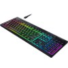 Na zdjęciu widoczna jest klawiatura z podświetleniem RGB, z klawiszami w różnych kolorach, takich jak czerwony, żółty, zielony i niebieski. Na górnej części klawiatury znajduje się logo producenta.