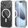 Przezroczyste etui na telefon z widocznym okrągłym wzorem MagSafe i trzema otworami na aparaty. Na etui znajduje się napis "TECH-PROTECT".