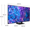 Telewizor z wyświetlaczem o abstrakcyjnym, kolorowym wzorze w odcieniach niebieskiego i fioletowego, z widocznymi wymiarami: 1232,9 mm szerokości, 774,1 mm wysokości całkowitej, 708,7 mm wysokości ekranu, 25,7 mm grubości, 255,9 mm głębokości podstawy i 3