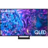 Telewizor z wyświetlaczem QLED prezentuje abstrakcyjną grafikę w odcieniach niebieskiego i fioletowego. Na ekranie widoczne są napisy "SAMSUNG" i "QLED".