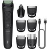 Na zdjęciu znajduje się trymer z serii Philips Multigroom 3000, model MG3920/15, wraz z różnymi nasadkami o długościach 1 mm, 3 mm, 5 mm, 7 mm i 12 mm, a także z kablem USB do ładowania. Na trymerze widoczne są napisy: "PHILIPS" oraz "All-in-One".