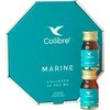 Opakowanie produktu "Collibre Marine" w kolorze turkusowym z białym logo i napisem "MARINE COLLAGEN 10 000 MG", obok znajdują się dwie małe buteleczki z etykietą w tym samym kolorze. Na dole opakowania widnieje napis "15 x 30 ml".