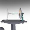 Na zdjęciu widoczny jest uchwyt do monitora zamontowany na biurku, trzymający monitor w pozycji poziomej. Uchwyt ma nowoczesny design i jest w kolorze zielonym, a w tle widać zarys drugiego monitora.
