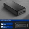 Czarny powerbank z trzema portami, w tym dwoma USB-C i jednym USB-A, leży na szarej powierzchni. Na dole widoczny jest tekst: "Charge 3 Devices at Once," oraz informacje o portach: "USB-C Input/Output 30W" i "USB-A Output 22.5W".