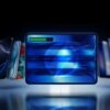 Na zdjęciu znajduje się powerbank z wyświetlaczem pokazującym poziom naładowania baterii, otoczony przez kilka smartfonów. Tło jest ciemne, a na ekranie powerbanka widoczny jest niebieski wzór z symbolem błyskawicy.