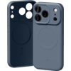 Na zdjęciu widoczne są dwa granatowe etui na telefon z trzema dużymi otworami na aparaty oraz mniejszymi na inne elementy. Etui mają okrągłe wycięcia na środku, sugerujące kompatybilność z MagSafe.