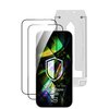 Na zdjęciu widoczne jest szkło hartowane 3MK Hardy Hardura 9H przeznaczone do Apple iPhone 15/16, z grafiką przedstawiającą kolorowe, abstrakcyjne wzory oraz biały symbol tarczy. Na ekranie telefonu znajduje się napis: "DEDICATED TO: Apple iPhone 15/16" o