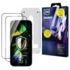 Na zdjęciu znajduje się opakowanie produktu z logo "3mk" oraz napisami "HARDY Hardura 9H" i "2 pcs included". Obok opakowania widoczne są dwie sztuki szkła hartowanego oraz aplikator, a na ekranie telefonu napis "DEDICATED TO: Apple iPhone 17 Air".