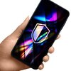 Na zdjęciu widoczny jest telefon trzymany w dłoni, z kolorowym, abstrakcyjnym wzorem na ekranie oraz białą ikoną tarczy. Produkt to "Szkło hartowane 3MK Hardy Hardura 9H do Samsung Galaxy S24/S25 (2 szt.)".