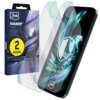 Opakowanie produktu "3MK Hardy Fusion" zawiera napis "2 sztuki" na żółtym tle oraz logo "3mk". Obok opakowania widoczne są dwie przezroczyste osłony na ekran, a na ekranie telefonu napis "DEDICATED FOR Apple iPhone 17".