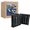 Kartonowe opakowanie z etykietą przedstawiającą psa w okularach przeciwsłonecznych oraz rampę samochodową, z napisem "afp all for paws Travel Dog Easy Carry Pet Ramp". Obok opakowania znajdują się złożone elementy czarnej rampy z szarymi paskami.