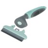 Na zdjęciu znajduje się szczotka z szaro-miętowym uchwytem i metalowym grzebieniem. Produkt ma ergonomiczny kształt z gumowymi elementami na rączce.