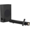 Na zdjęciu znajduje się czarny soundbar z okrągłym pokrętłem oraz subwoofer z widocznym otworem basowym. Obok soundbara leży czarny pilot z kilkoma przyciskami.