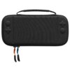 Czarne etui z teksturowaną powierzchnią, przeznaczone do konsoli Nintendo Switch, posiada dwa zamki błyskawiczne z uchwytami w kolorach pomarańczowym i niebieskim. Na powierzchni etui widoczne są wypukłe kształty przypominające przyciski kontrolera.