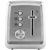 Srebrny toster z trzema przyciskami oznaczonymi ikonami: "Stop", podgrzewanie i rozmrażanie, oraz pokrętłem z numerami od 1 do 7. Obok znajduje się dźwignia z ikoną kromki chleba.
