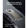 Na zdjęciu znajduje się ultra-smukły, magnetyczny power bank o pojemności 5,000mAh, umieszczony na tle ciemnych skał. Widoczny jest również tekst: "9.9 x 6.7 x 0.9cm, 105.8g".
