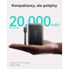 Na zdjęciu widoczny jest czarny powerbank z napisem "Designed by INIU" umieszczony na dłoni, obok którego znajduje się kabel. Tekst na zdjęciu: "Kompaktowy, ale potężny", "20 000 mAh", "PD 22.5W", "Rozmiar: 10.4 x 2.7 x 2.9cm", "Waga: 318.8g".