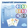 Na zdjęciu znajduje się niebieski długopis 3D z napisem "LAMAX", kabel do ładowania USB-C, zestaw 12 kolorowych wypełnień oraz kilka kart z szablonami. Na górze widnieje napis "ZAWARTOŚĆ OPAKOWANIA", a poszczególne elementy są opisane jako "Długopis 3D", 