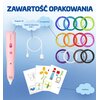 Na zdjęciu znajduje się różowy długopis 3D z napisem "LAMAX", kabel do ładowania USB-C, dwanaście kolorowych wypełnień oraz kilka szablonów z rysunkami. Tekst na zdjęciu brzmi: "ZAWARTOŚĆ OPAKOWANIA", "Długopis 3D", "Kabel do ładowania USB-C", "12 wypełni