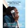 Na zdjęciu widoczna jest osoba trzymająca telefon i powerbank, z tekstem: "Naładuj iPhone'a 15 do 60% w 25 minut. Szybkie ładowanie PD 22,5W". Na dole znajduje się grafika z napisem "25 min", "INIU PD 22.5W Max 60%", "Inne 2.4A 30%".