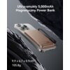 Na zdjęciu znajduje się beżowy powerbank indukcyjny przymocowany magnetycznie do smartfona, z widocznym napisem "Ultra-smukły 5,000mAh Magnetyczny Power Bank". W dolnej części obrazu widnieją wymiary "9.9 x 6.7 x 0.9cm" oraz waga "105.8g".