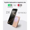 Szybkie ładowanie w mgnieniu oka; 54% INIU Qi2.0 15W, iPhone 16 Pro Max, 27% Qi1 7.5W, 2X SZYBCIEJ. Na zdjęciu widoczny jest telefon oraz beżowy powerbank indukcyjny z efektem świetlnym.