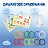 Na zdjęciu widoczny jest zestaw zawierający pięć szablonów z instrukcjami, biały element opisany jako "Chodzące nogi" oraz różnokolorowe okrągłe wypełnienia. Na górze znajduje się napis "ZAWARTOŚĆ OPAKOWANIA".