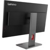Czarny monitor z logo "Lenovo" na tylnej obudowie, zamontowany na szarej podstawie z czerwonym akcentem. Monitor ma prostokątną obudowę z widocznymi przyciskami z tyłu.