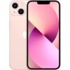 Różowy smartfon z dużym wyświetlaczem, na którym widoczna jest abstrakcyjna grafika w odcieniach różu i fioletu. Na obudowie z tyłu znajduje się logo w kształcie nadgryzionego jabłka oraz dwa aparaty fotograficzne.