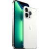 Smartfon z dużym ekranem, widoczny z przodu i z tyłu, z trzema aparatami i logo w kształcie nadgryzionego jabłka. Ekran wyświetla gradient w odcieniach zieleni i niebieskiego.