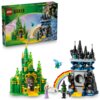 Zestaw LEGO przedstawia dwa budynki: zielony zamek z żółtymi i złotymi elementami oraz szary zamek z czarnymi wieżami, połączone tęczą. Na opakowaniu widnieje napis "LEGO WICKED", numer zestawu "75689", wiek "9+" oraz liczba elementów "860 pcs".