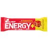 Czerwone opakowanie batona z białym napisem "OLIMP ENERGY+ BAR" oraz informacjami o zawartości magnezu, 7 witamin i guarany. Na opakowaniu widoczny jest również obrazek przedstawiający kawałki karmelu i orzechów oraz napis "peanut & caramel flavour".