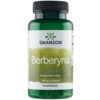 Zielona butelka z czarną zakrętką zawiera suplement diety "Berberyna" marki SWANSON, z etykietą informującą o zawartości 400 mg w kapsułce i 60 kapsułkach w opakowaniu. Na etykiecie widnieje logo SWANSON oraz napis "Suplement diety".